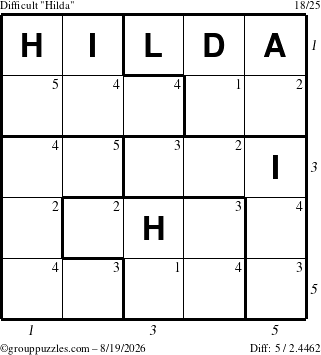 The grouppuzzles.com Difficult Hilda puzzle for Wednesday August 19, 2026, suitable for printing, with all 5 steps marked