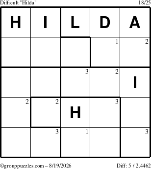 The grouppuzzles.com Difficult Hilda puzzle for Wednesday August 19, 2026 with the first 3 steps marked
