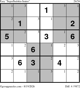 The grouppuzzles.com Easy SuperSudoku-Junior puzzle for Wednesday August 19, 2026 with the first 3 steps marked