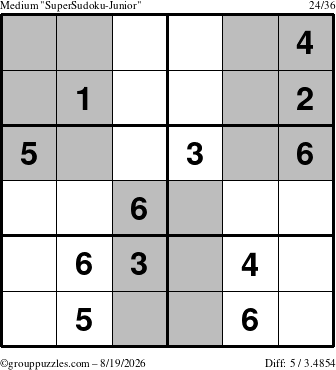 The grouppuzzles.com Medium SuperSudoku-Junior puzzle for Wednesday August 19, 2026