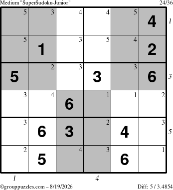 The grouppuzzles.com Medium SuperSudoku-Junior puzzle for Wednesday August 19, 2026, suitable for printing, with all 5 steps marked