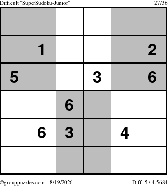 The grouppuzzles.com Difficult SuperSudoku-Junior puzzle for Wednesday August 19, 2026