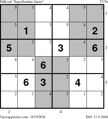 The grouppuzzles.com Difficult SuperSudoku-Junior puzzle for Wednesday August 19, 2026 with all 5 steps marked