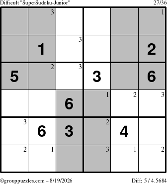 The grouppuzzles.com Difficult SuperSudoku-Junior puzzle for Wednesday August 19, 2026 with the first 3 steps marked