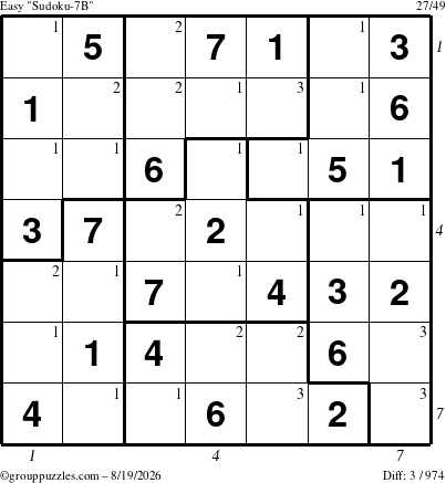 The grouppuzzles.com Easy Sudoku-7B puzzle for Wednesday August 19, 2026 with all 3 steps marked
