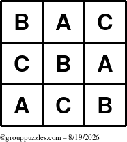 The grouppuzzles.com Answer grid for the TicTac-ABC puzzle for Wednesday August 19, 2026