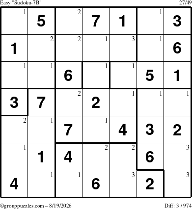 The grouppuzzles.com Easy Sudoku-7B puzzle for Wednesday August 19, 2026 with the first 3 steps marked