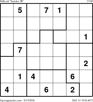 The grouppuzzles.com Difficult Sudoku-7B puzzle for Wednesday August 19, 2026