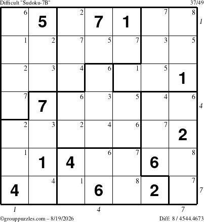The grouppuzzles.com Difficult Sudoku-7B puzzle for Wednesday August 19, 2026 with all 8 steps marked