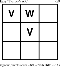 The grouppuzzles.com Easy TicTac-VWX puzzle for Wednesday August 19, 2026