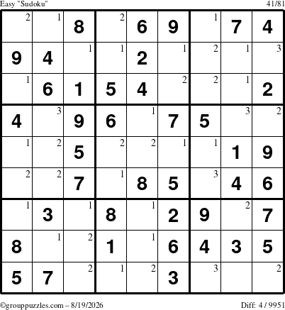 The grouppuzzles.com Easy Sudoku puzzle for Wednesday August 19, 2026 with the first 3 steps marked