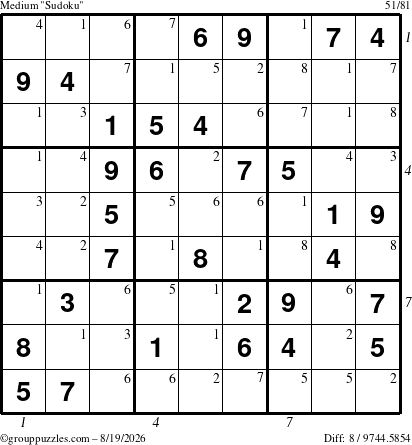 The grouppuzzles.com Medium Sudoku puzzle for Wednesday August 19, 2026 with all 8 steps marked
