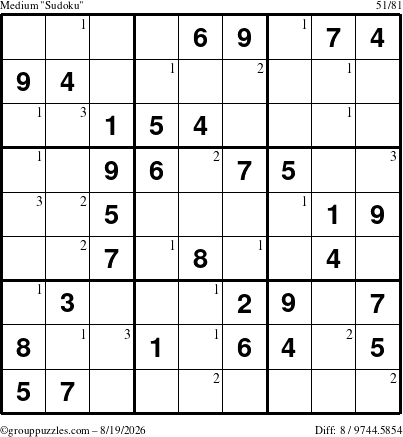 The grouppuzzles.com Medium Sudoku puzzle for Wednesday August 19, 2026 with the first 3 steps marked