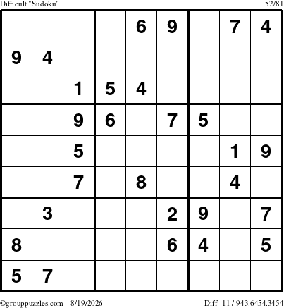 The grouppuzzles.com Difficult Sudoku puzzle for Wednesday August 19, 2026