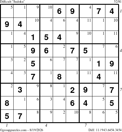 The grouppuzzles.com Difficult Sudoku puzzle for Wednesday August 19, 2026 with all 11 steps marked