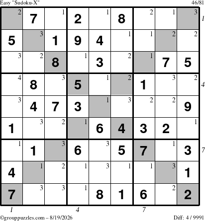 The grouppuzzles.com Easy Sudoku-X puzzle for Wednesday August 19, 2026 with all 4 steps marked