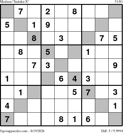 The grouppuzzles.com Medium Sudoku-X puzzle for Wednesday August 19, 2026