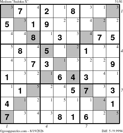 The grouppuzzles.com Medium Sudoku-X puzzle for Wednesday August 19, 2026, suitable for printing, with all 5 steps marked