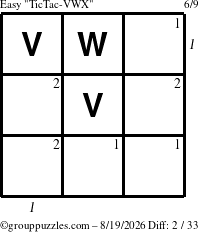 The grouppuzzles.com Easy TicTac-VWX puzzle for Wednesday August 19, 2026, suitable for printing, with all 2 steps marked