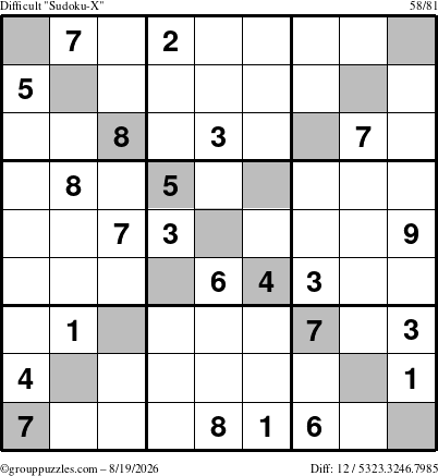 The grouppuzzles.com Difficult Sudoku-X puzzle for Wednesday August 19, 2026