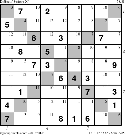 The grouppuzzles.com Difficult Sudoku-X puzzle for Wednesday August 19, 2026, suitable for printing, with all 12 steps marked