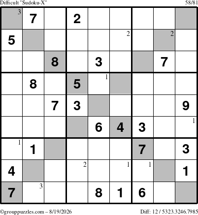 The grouppuzzles.com Difficult Sudoku-X puzzle for Wednesday August 19, 2026 with the first 3 steps marked