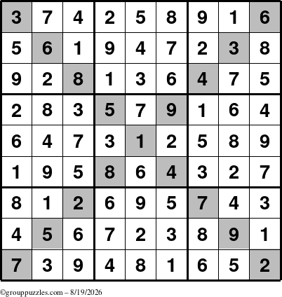 The grouppuzzles.com Answer grid for the Sudoku-X puzzle for Wednesday August 19, 2026