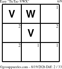 The grouppuzzles.com Easy TicTac-VWX puzzle for Wednesday August 19, 2026 with the first 2 steps marked