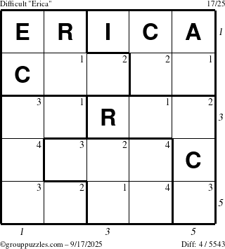 The grouppuzzles.com Difficult Erica puzzle for Wednesday September 17, 2025, suitable for printing, with all 4 steps marked