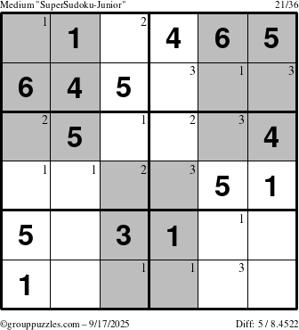 The grouppuzzles.com Medium SuperSudoku-Junior puzzle for Wednesday September 17, 2025 with the first 3 steps marked