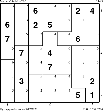The grouppuzzles.com Medium Sudoku-7B puzzle for Wednesday September 17, 2025 with all 6 steps marked