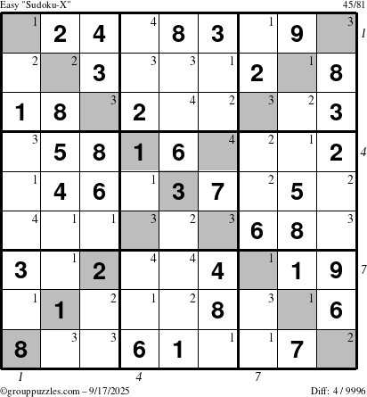 The grouppuzzles.com Easy Sudoku-X puzzle for Wednesday September 17, 2025 with all 4 steps marked