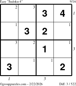 The grouppuzzles.com Easy Sudoku-4 puzzle for Sunday February 22, 2026 with all 3 steps marked