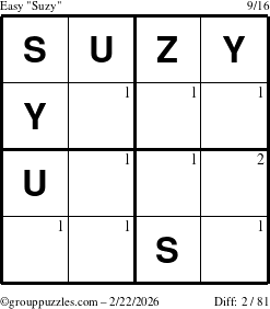 The grouppuzzles.com Easy Suzy puzzle for Sunday February 22, 2026 with the first 2 steps marked