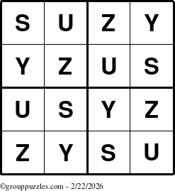 The grouppuzzles.com Answer grid for the Suzy puzzle for Sunday February 22, 2026