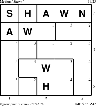 The grouppuzzles.com Medium Shawn puzzle for Sunday February 22, 2026, suitable for printing, with all 5 steps marked