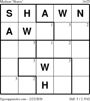 The grouppuzzles.com Medium Shawn puzzle for Sunday February 22, 2026 with the first 3 steps marked