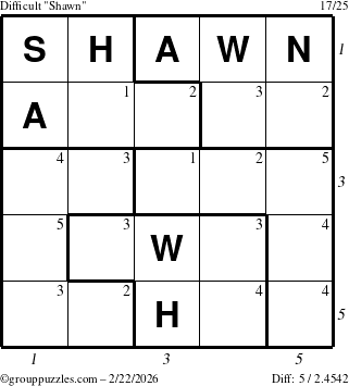 The grouppuzzles.com Difficult Shawn puzzle for Sunday February 22, 2026 with all 5 steps marked