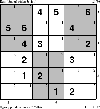 The grouppuzzles.com Easy SuperSudoku-Junior puzzle for Sunday February 22, 2026 with all 3 steps marked