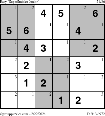The grouppuzzles.com Easy SuperSudoku-Junior puzzle for Sunday February 22, 2026 with the first 3 steps marked