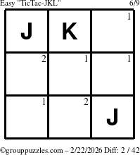 The grouppuzzles.com Easy TicTac-JKL puzzle for Sunday February 22, 2026 with the first 2 steps marked