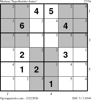 The grouppuzzles.com Medium SuperSudoku-Junior puzzle for Sunday February 22, 2026, suitable for printing, with all 5 steps marked