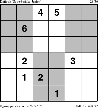 The grouppuzzles.com Difficult SuperSudoku-Junior puzzle for Sunday February 22, 2026