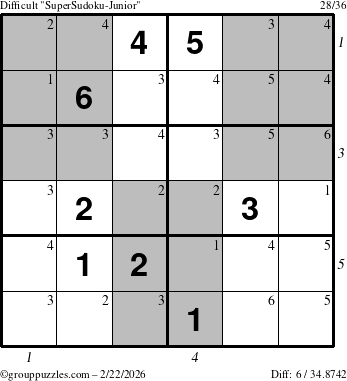 The grouppuzzles.com Difficult SuperSudoku-Junior puzzle for Sunday February 22, 2026, suitable for printing, with all 6 steps marked