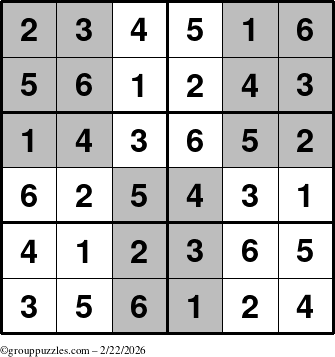 The grouppuzzles.com Answer grid for the SuperSudoku-Junior puzzle for Sunday February 22, 2026