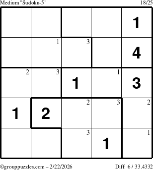 The grouppuzzles.com Medium Sudoku-5 puzzle for Sunday February 22, 2026 with the first 3 steps marked