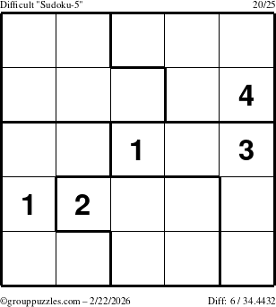 The grouppuzzles.com Difficult Sudoku-5 puzzle for Sunday February 22, 2026