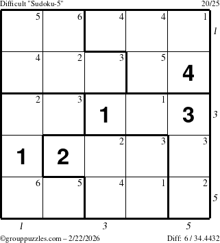 The grouppuzzles.com Difficult Sudoku-5 puzzle for Sunday February 22, 2026, suitable for printing, with all 6 steps marked