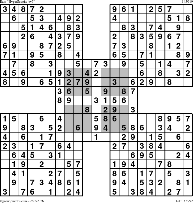 The grouppuzzles.com Easy HyperSudoku-by5 puzzle for Sunday February 22, 2026