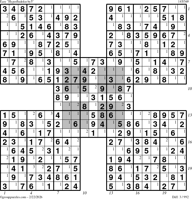 The grouppuzzles.com Easy HyperSudoku-by5 puzzle for Sunday February 22, 2026 with all 3 steps marked